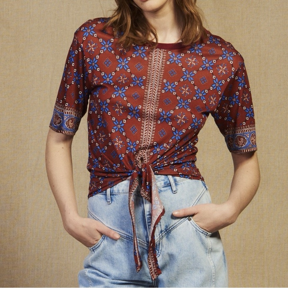 Sandro Printed T-Shirt With Tie Fastening